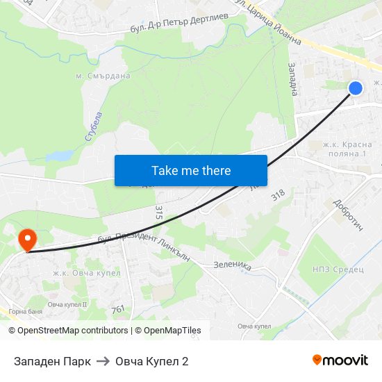Западен Парк to Овча Купел 2 map