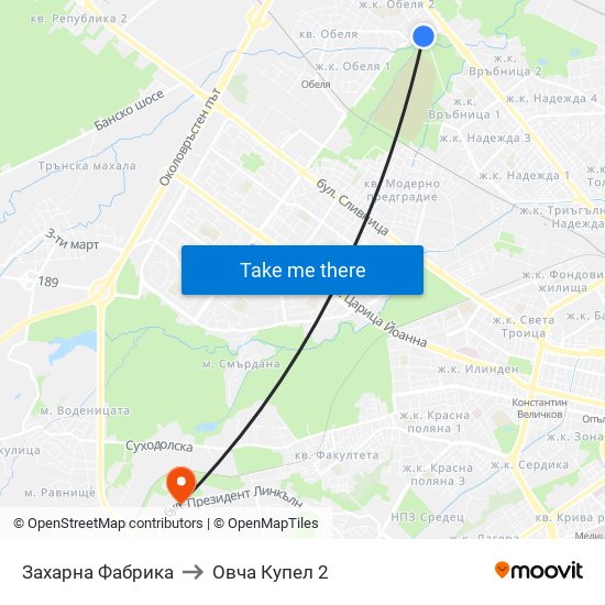 Захарна Фабрика to Овча Купел 2 map