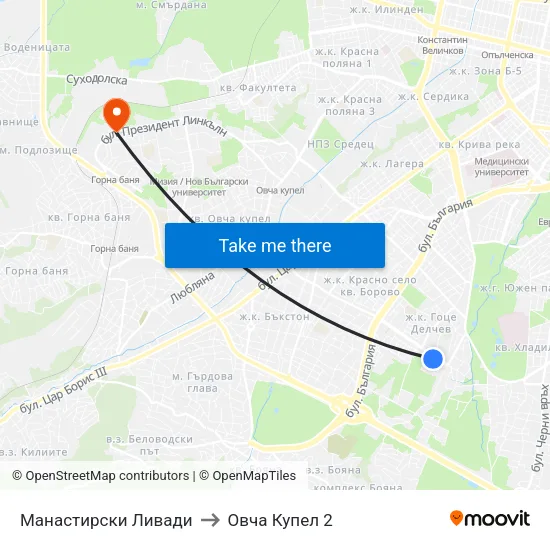 Манастирски Ливади to Овча Купел 2 map