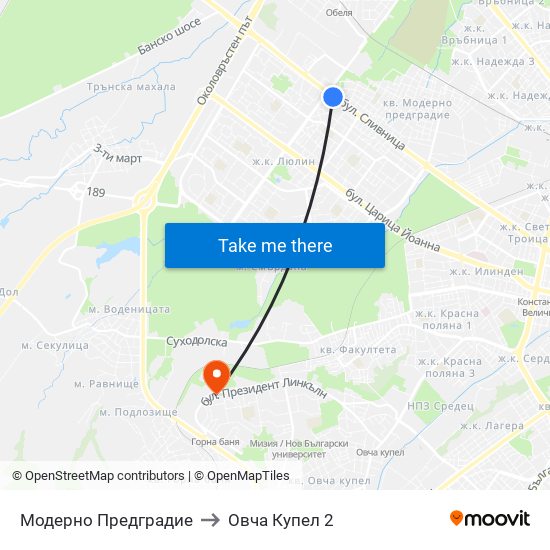 Модерно Предградие to Овча Купел 2 map