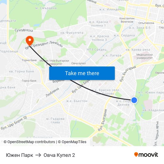 Южен Парк to Овча Купел 2 map