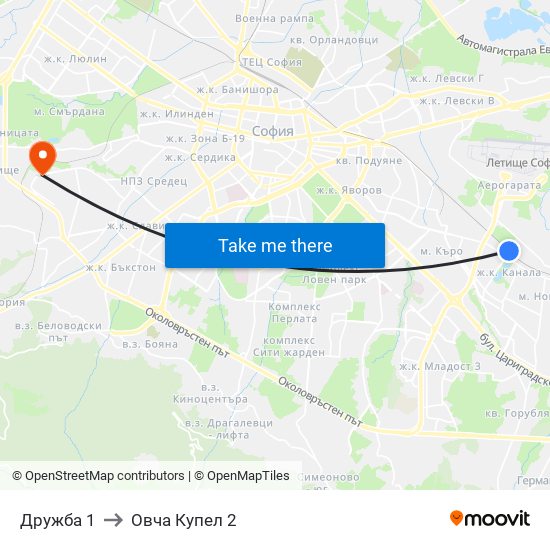 Дружба 1 to Овча Купел 2 map