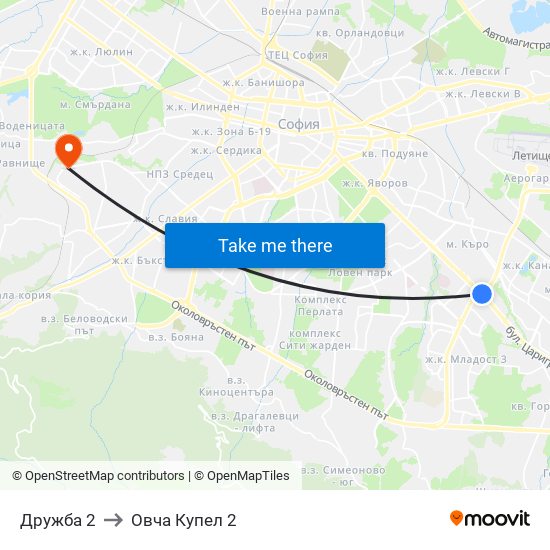 Дружба 2 to Овча Купел 2 map