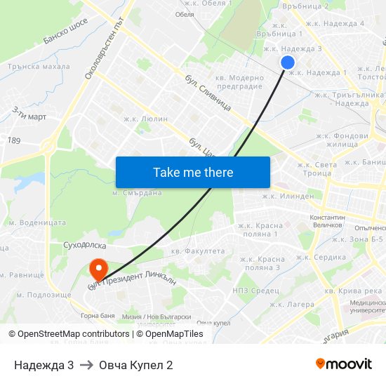Надежда 3 to Овча Купел 2 map