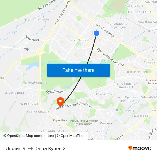 Люлин 9 to Овча Купел 2 map