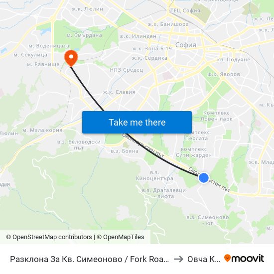 Разклона За Кв. Симеоново / Fork Road To Simeonovo Qr. (1459) to Овча Купел 2 map