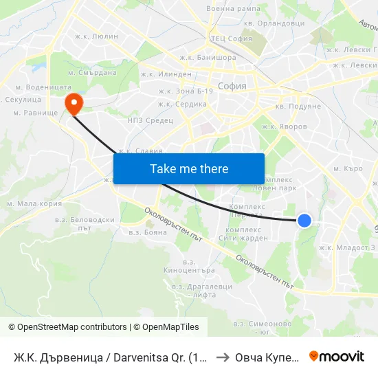 Ж.К. Дървеница / Darvenitsa Qr. (1015) to Овча Купел 2 map