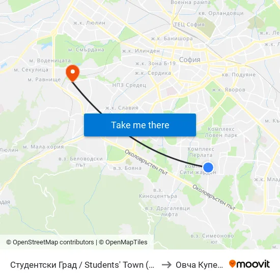 Студентски Град / Students' Town (2382) to Овча Купел 2 map