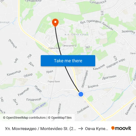 Ул. Монтевидео / Montevideo St. (2050) to Овча Купел 2 map