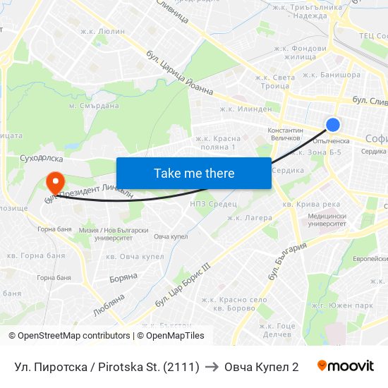 Ул. Пиротска / Pirotska St. (2111) to Овча Купел 2 map