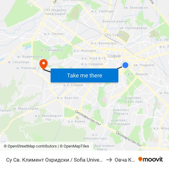Су Св. Климент Охридски / Sofia University St. Kliment Ohridski to Овча Купел 2 map