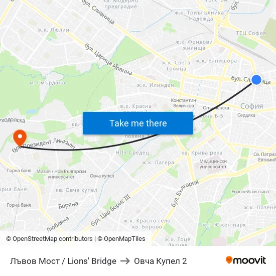 Лъвов Мост / Lions' Bridge to Овча Купел 2 map