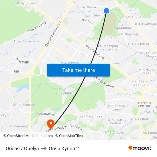 Обеля / Obelya to Овча Купел 2 map