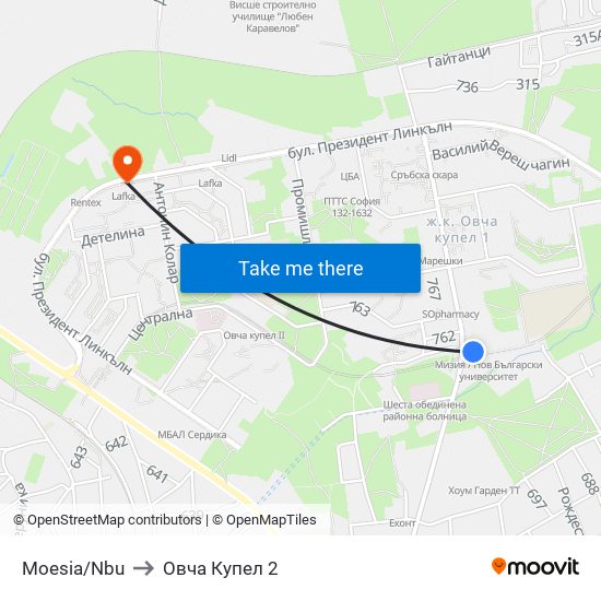 Moesia/Nbu to Овча Купел 2 map