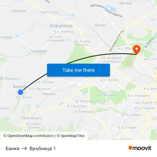 Банкя to Връбница 1 map