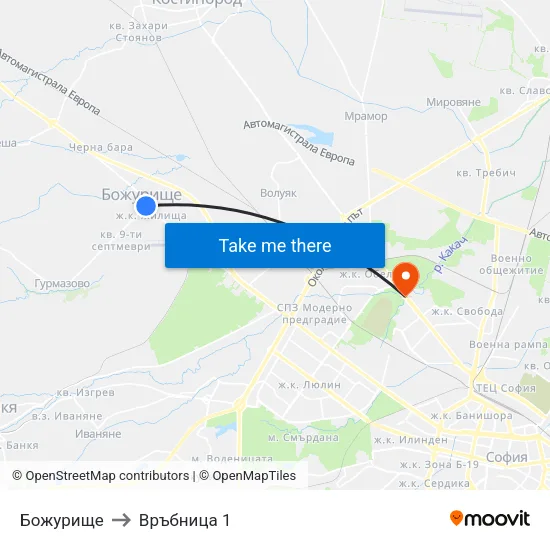 Божурище to Връбница 1 map