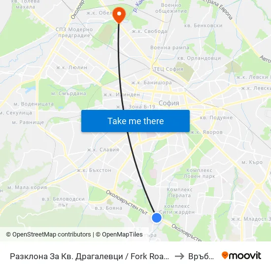 Разклона За Кв. Драгалевци / Fork Road To Dragalevtsi Qr. (1457) to Връбница 1 map