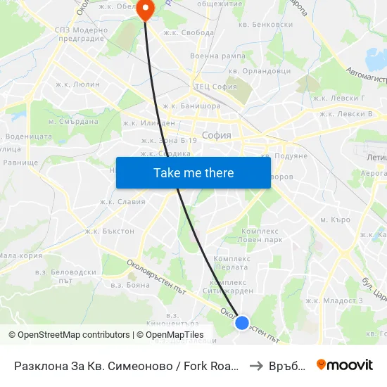 Разклона За Кв. Симеоново / Fork Road To Simeonovo Qr. (1459) to Връбница 1 map