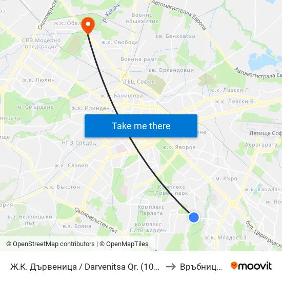 Ж.К. Дървеница / Darvenitsa Qr. (1015) to Връбница 1 map