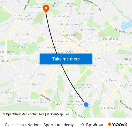 Ск На Нса / National Sports Academy (1609) to Връбница 1 map