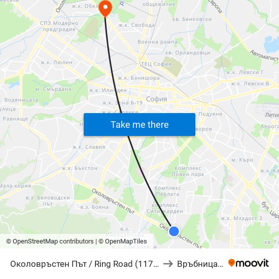 Околовръстен Път / Ring Road (1175) to Връбница 1 map
