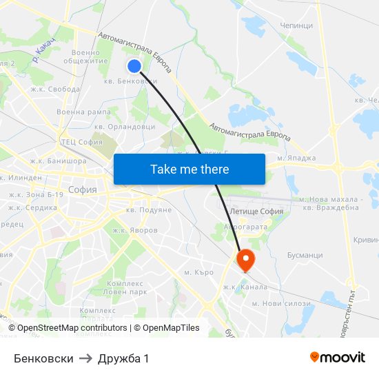 Бенковски to Дружба 1 map