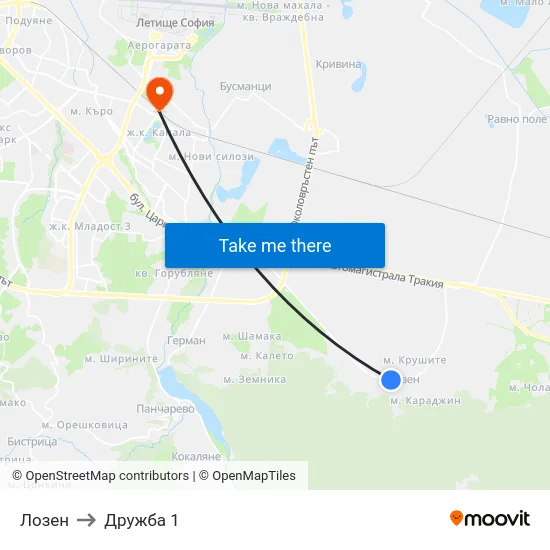 Лозен to Дружба 1 map