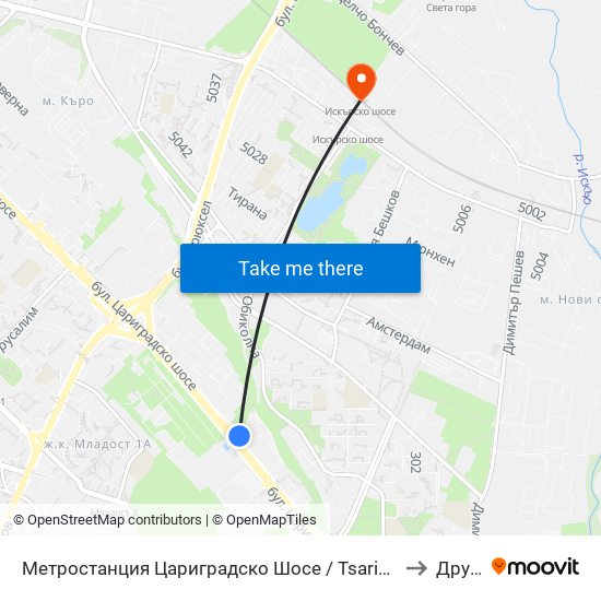 Метростанция Цариградско Шосе / Tsarigradsko Shosse Metro Station (1016) to Дружба 1 map