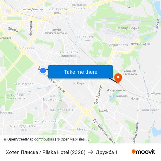 Хотел Плиска / Pliska Hotel (2326) to Дружба 1 map