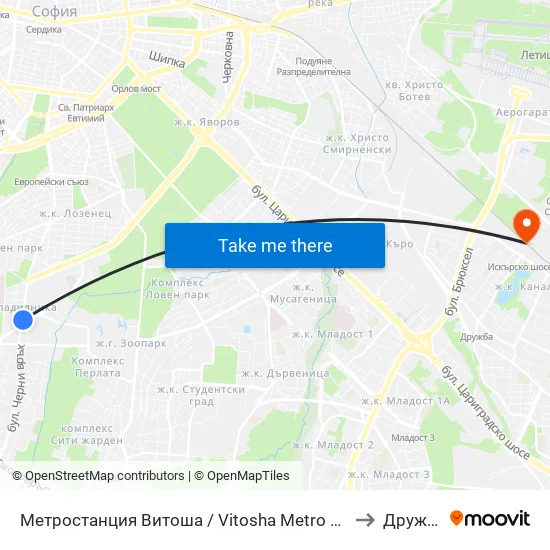 Ⓜ️ Метростанция Витоша / Vitosha Metro Station (2654) to Дружба 1 map