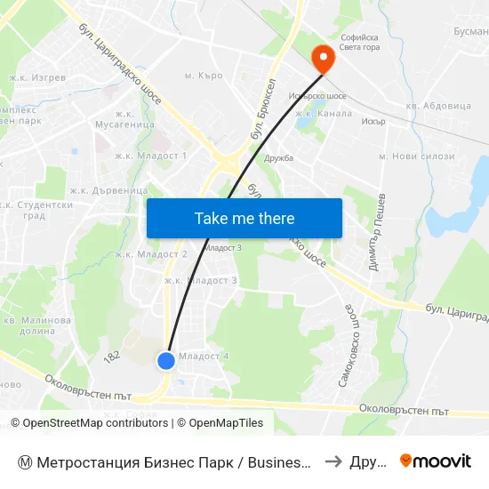 Ⓜ️ Метростанция Бизнес Парк / Business Park Metro Station (2490) to Дружба 1 map