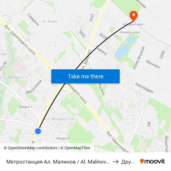 Метростанция Ал. Малинов / Al. Malinov Metro Station (0170) to Дружба 1 map