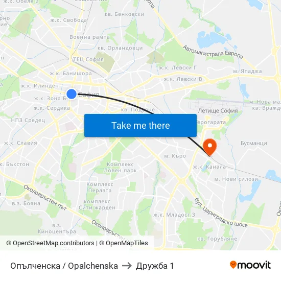 Опълченска / Opalchenska to Дружба 1 map
