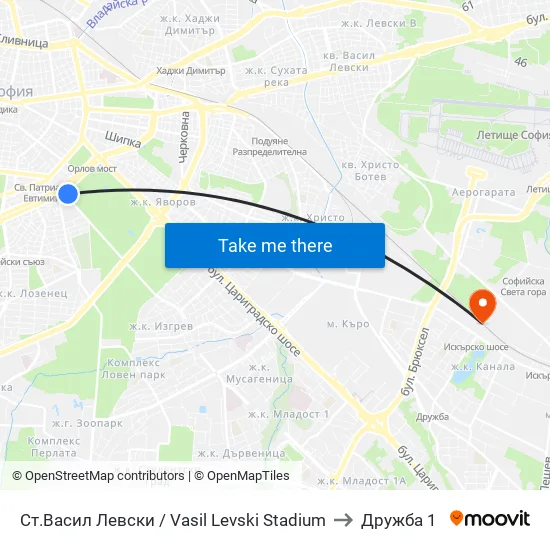 Стадион Васил Левски / Vasil Levski Stadium to Дружба 1 map