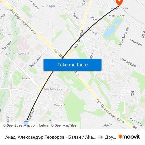 Акад. Александър Теодоров - Балан / Akademik Aleksandar Teodorov - Balan to Дружба 1 map