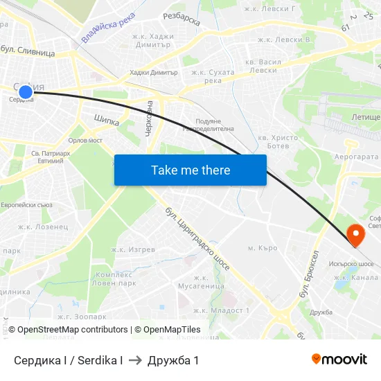 Сердика I / Serdika I to Дружба 1 map