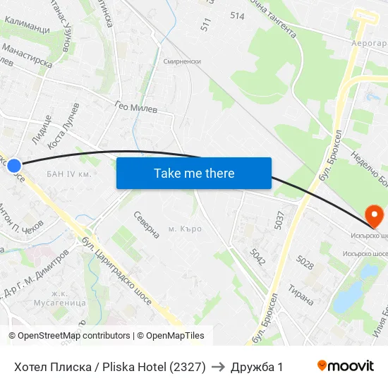Хотел Плиска / Pliska Hotel (2327) to Дружба 1 map
