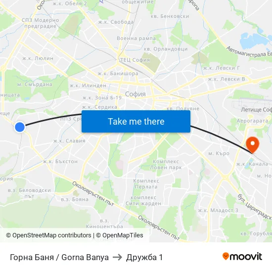 Горна Баня / Gorna Banya to Дружба 1 map