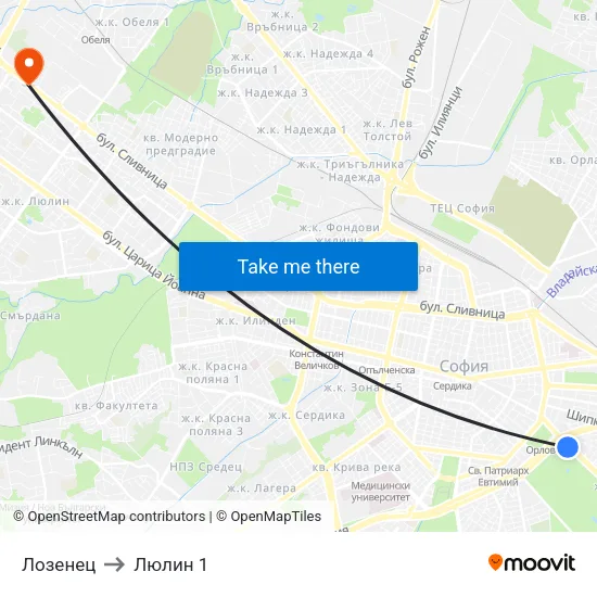 Лозенец to Люлин 1 map