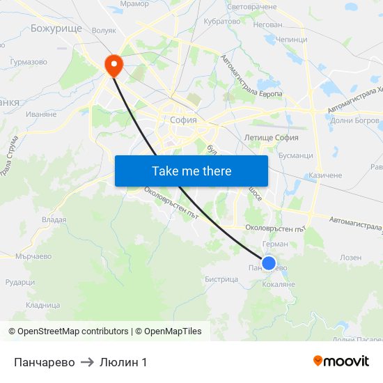 Панчарево to Люлин 1 map