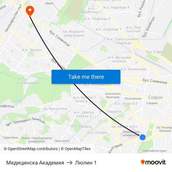 Медицинска Академия to Люлин 1 map