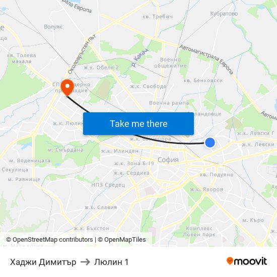 Хаджи Димитър to Люлин 1 map