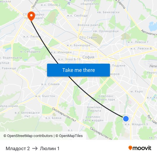 Младост 2 to Люлин 1 map