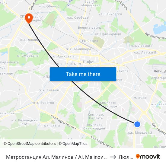 Метростанция Ал. Малинов / Al. Malinov Metro Station (0170) to Люлин 1 map