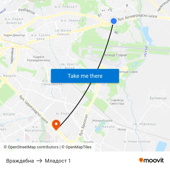 Враждебна to Младост 1 map