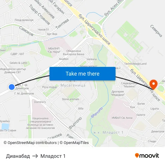 Дианабад to Младост 1 map