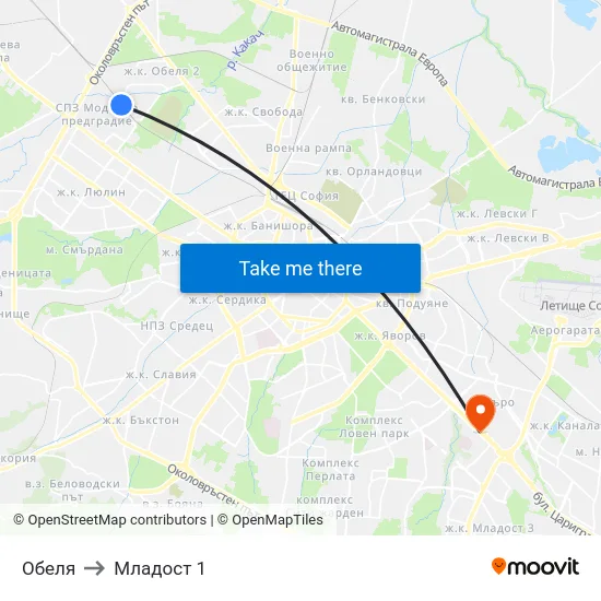 Обеля to Младост 1 map