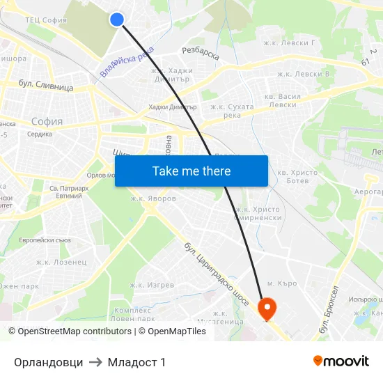 Орландовци to Младост 1 map