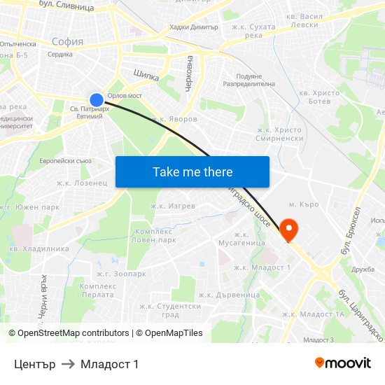 Център to Младост 1 map