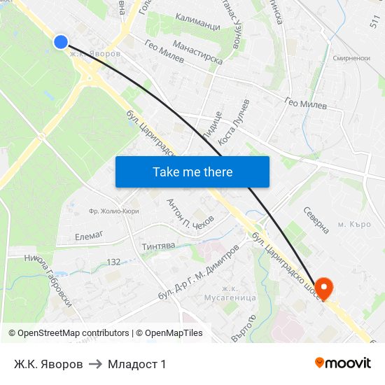 Ж.К. Яворов to Младост 1 map